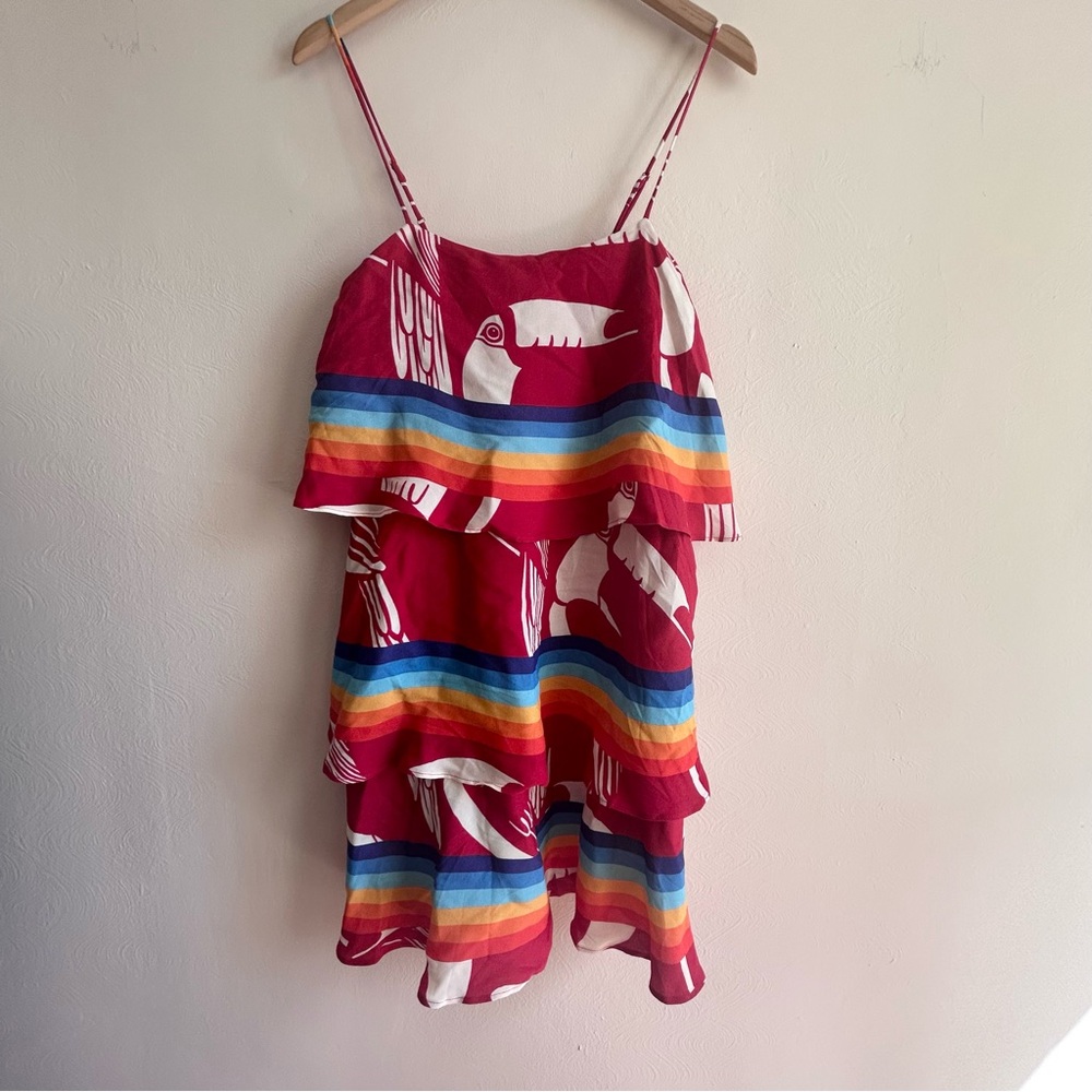 FARM Rio Rainbow Toucan Tiered Ruffle Mini Dress - Red/Multi Stripe - S